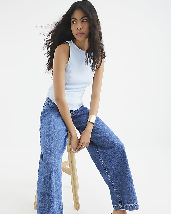 Blue Sleeveless Denim Twill Racer Top