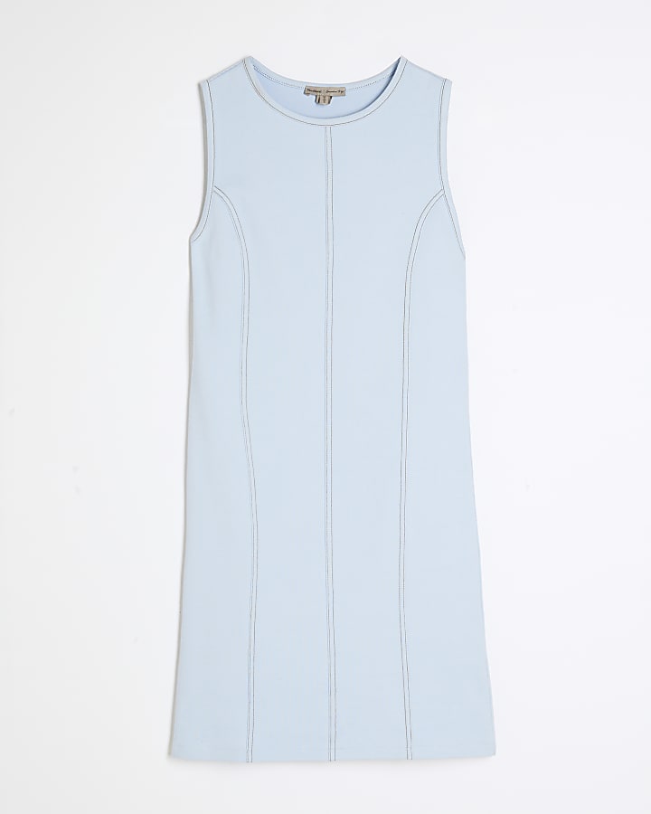 Blue Sleeveless Denim Twill Racer Mini Dress