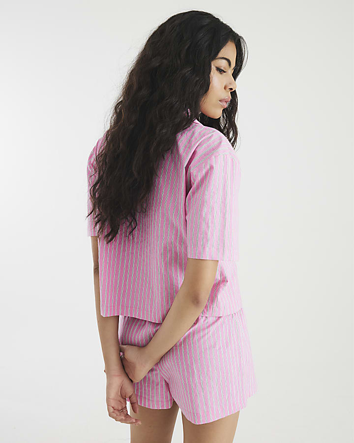 Pink Embroidered Striped Pyjama Set