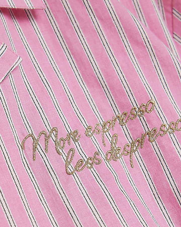 Pink Embroidered Striped Pyjama Set