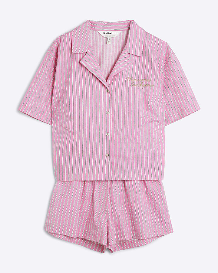 Pink Embroidered Striped Pyjama Set