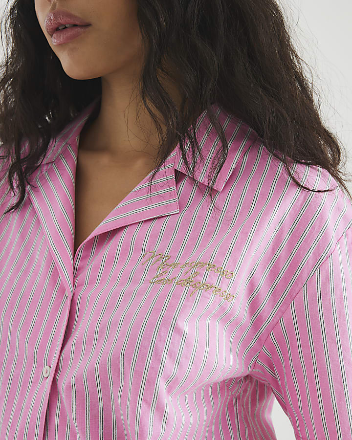 Pink Embroidered Striped Pyjama Set