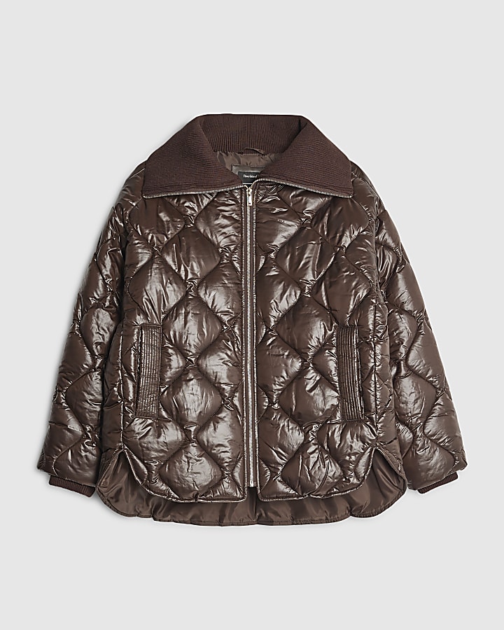 Brown Ribbed Collar Padded Jacket