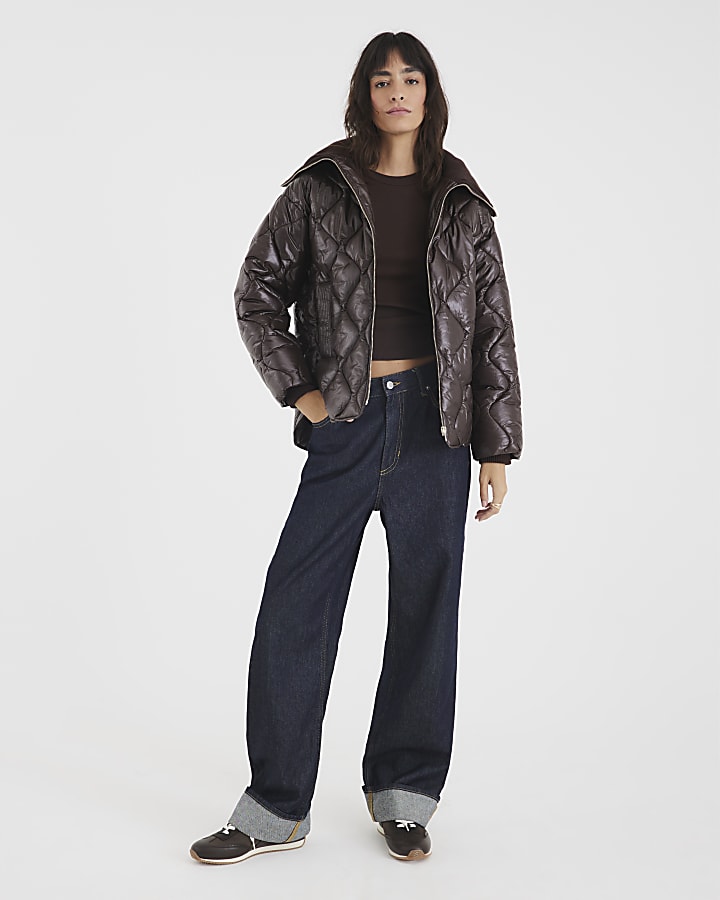 Brown Ribbed Collar Padded Jacket