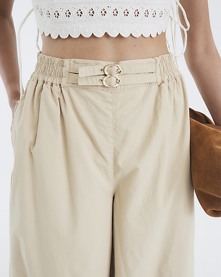 Beige Tailored Wide Leg Balloon Trousers