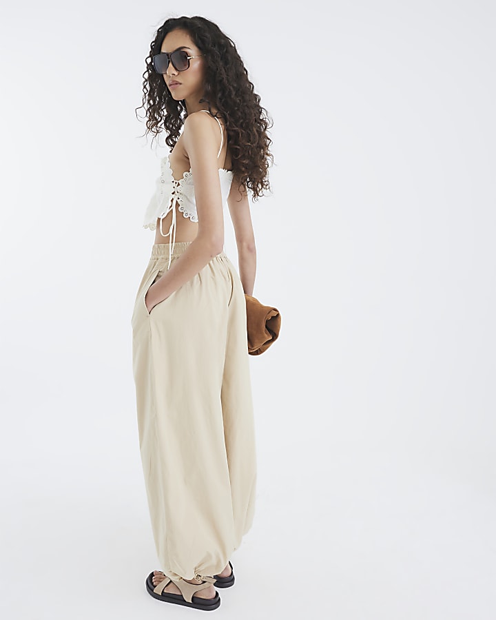 Beige Tailored Wide Leg Balloon Trousers