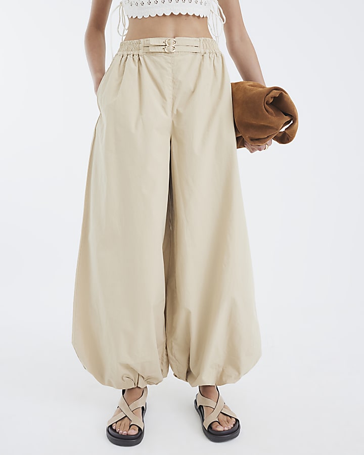 Beige Tailored Wide Leg Balloon Trousers
