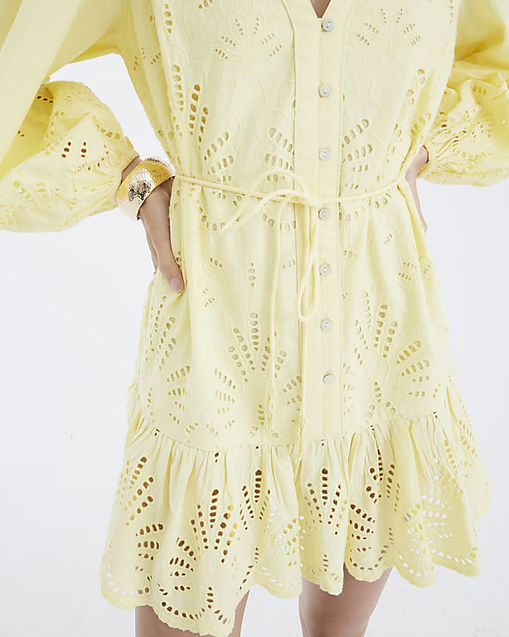 Yellow Long Sleeve Cutwork Mini Shirt Dress
