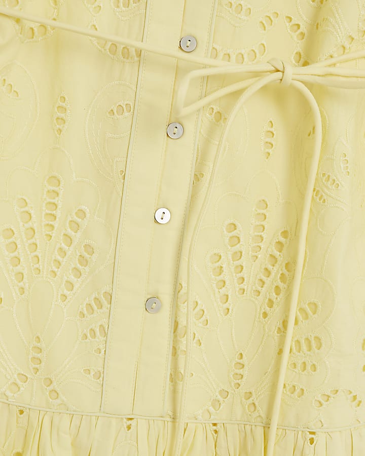 Yellow Long Sleeve Cutwork Mini Shirt Dress