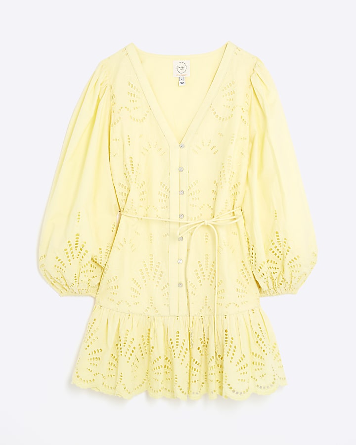 Yellow Long Sleeve Cutwork Mini Shirt Dress