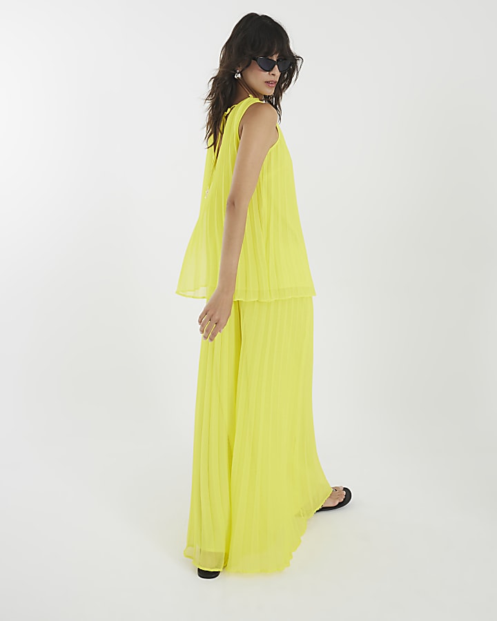 Yellow Wide Leg Plisse Trousers