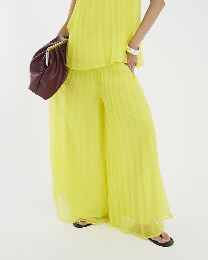 Yellow Wide Leg Plisse Trousers