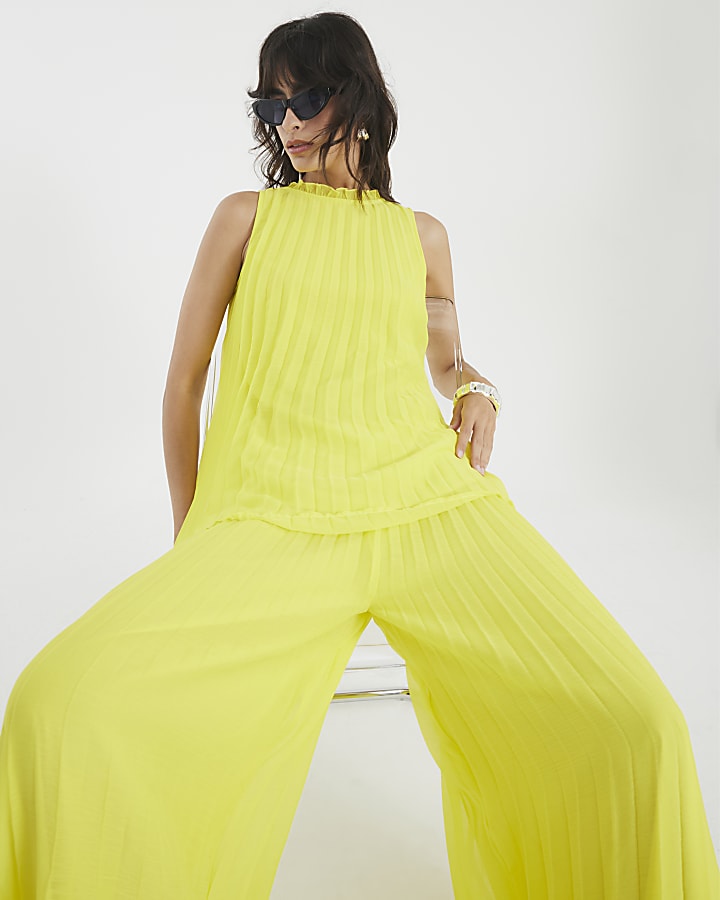 Yellow Wide Leg Plisse Trousers