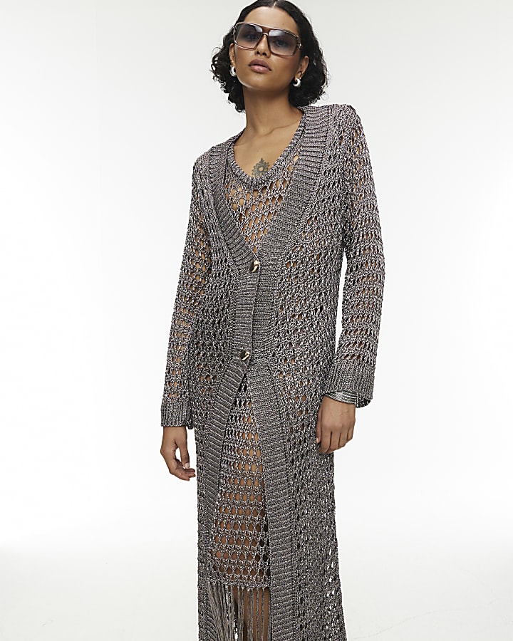 RI Studio Metallic Grey Maxi Crochet Cardigan