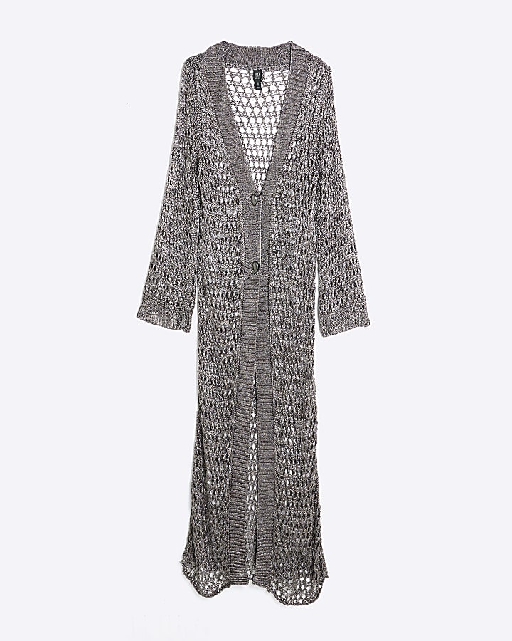 RI Studio Metallic Grey Maxi Crochet Cardigan