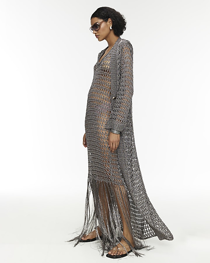 RI Studio Metallic Grey Maxi Crochet Cardigan