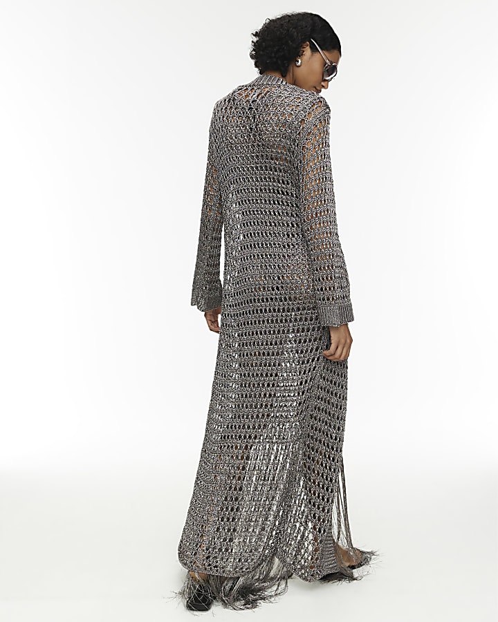 RI Studio Metallic Grey Maxi Crochet Cardigan
