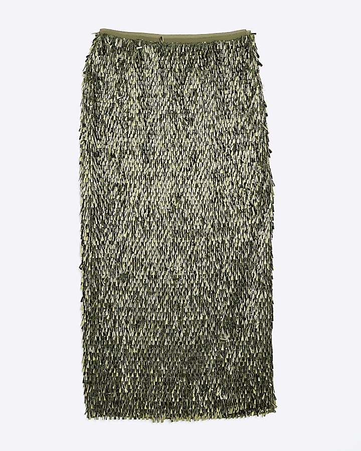 RI Studio Green Sequin Column Midi Skirt