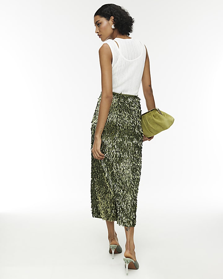 RI Studio Green Sequin Column Midi Skirt
