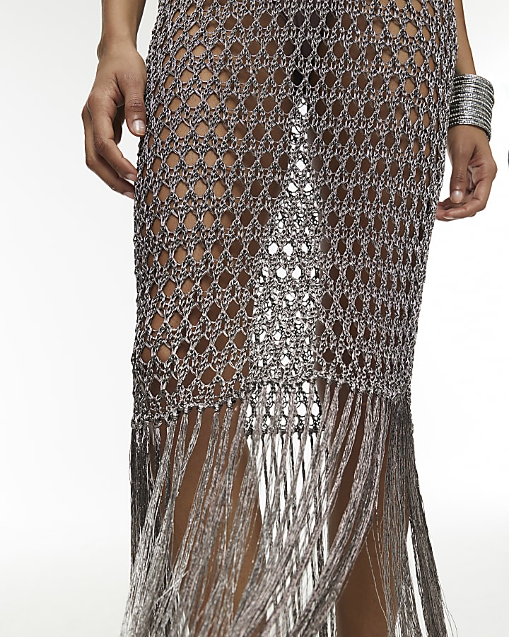 RI Studio Grey Metallic Crochet Maxi Dress