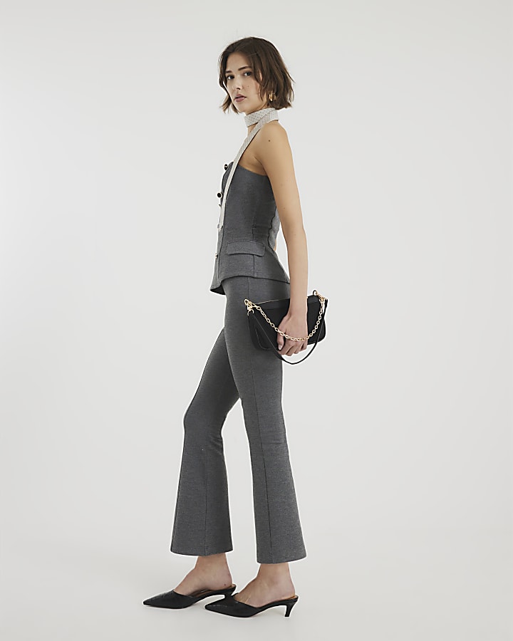 Grey Cropped Flared Leg Trousers