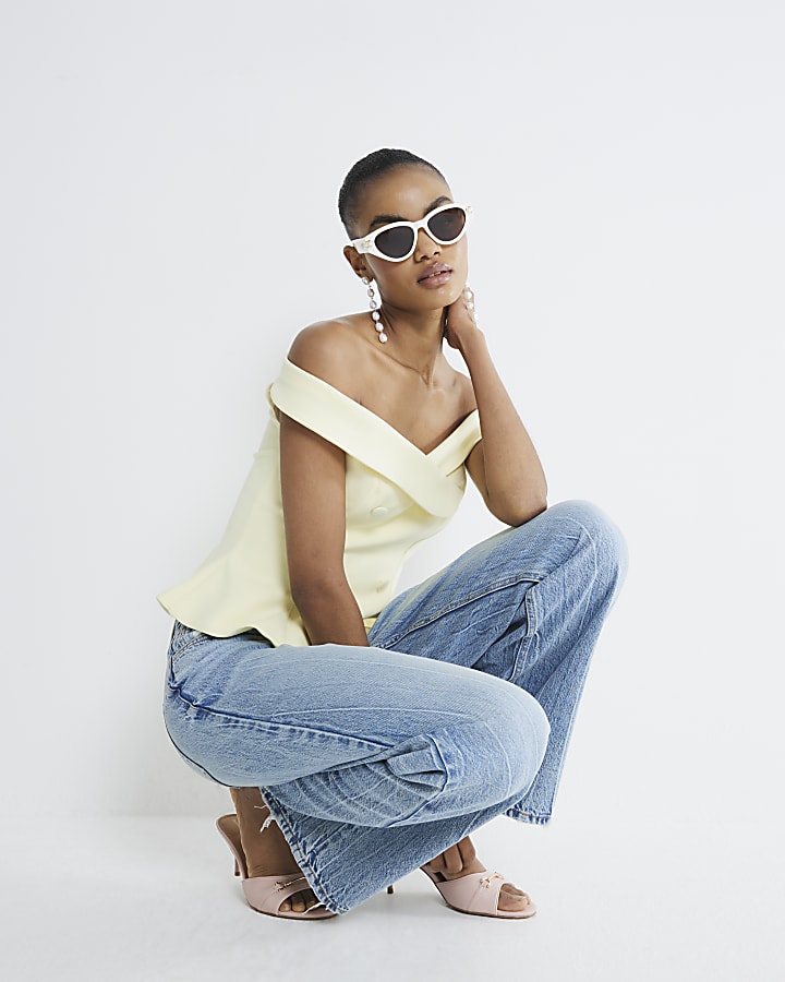 Yellow Sleeveless Double Breasted Bardot Top