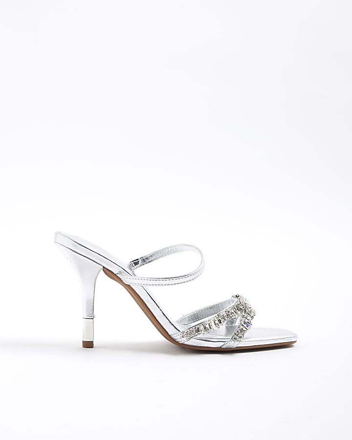 Silver Diamante Cross Strap Mule Sandals