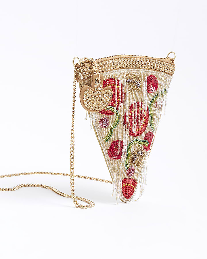 Beige Premium Beaded Pizza Shoulder Bag