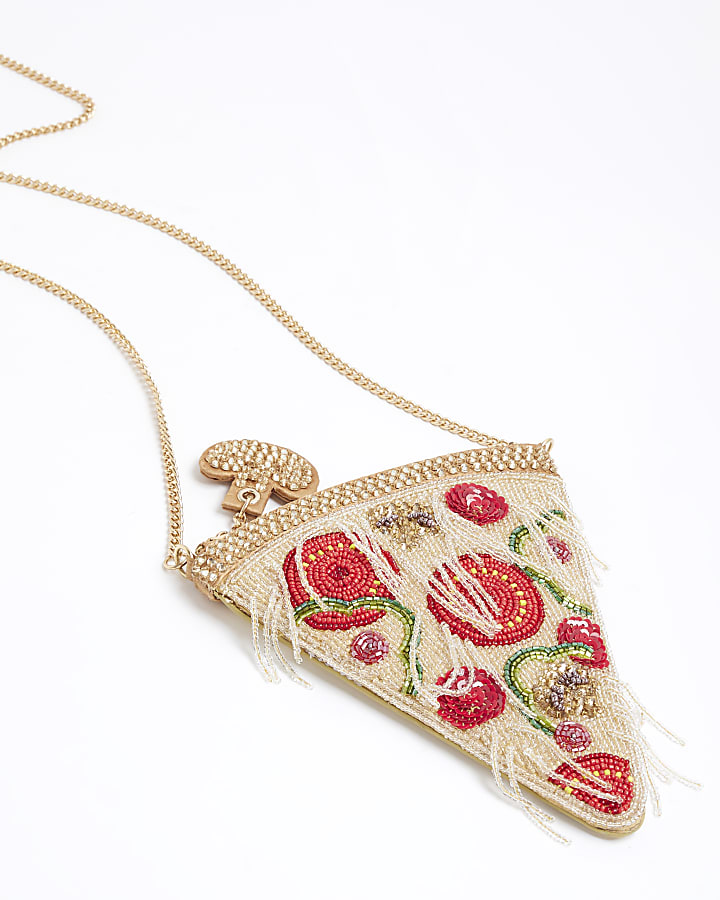 Beige Premium Beaded Pizza Shoulder Bag