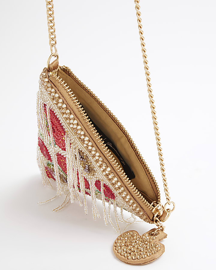 Beige Premium Beaded Pizza Shoulder Bag