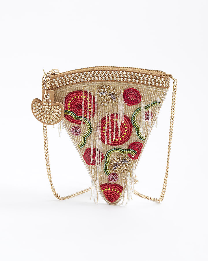 Beige Premium Beaded Pizza Shoulder Bag