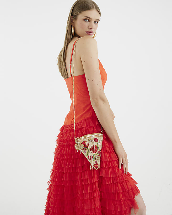 Beige Premium Beaded Pizza Shoulder Bag