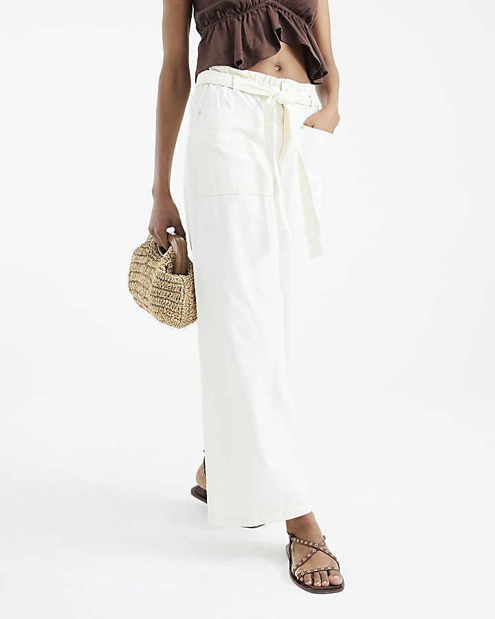 Cream Paperbag Wide Leg Trousers