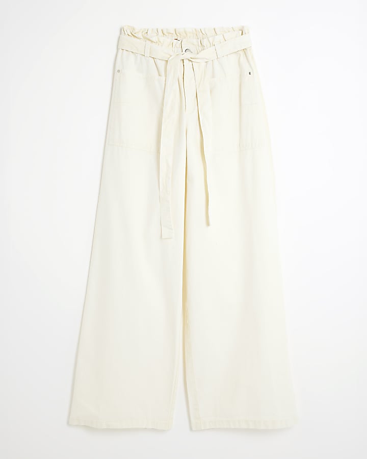 Cream Paperbag Wide Leg Trousers