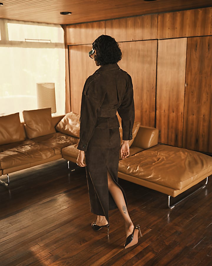 RI Studio Brown Suede Maxi Pencil Skirt
