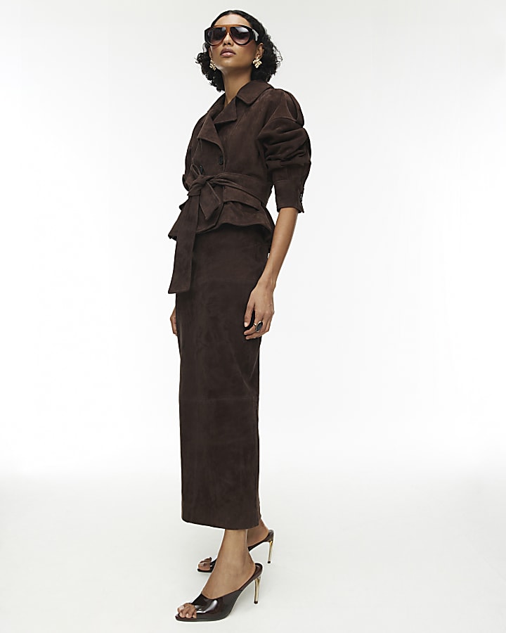 RI Studio Brown Suede Maxi Pencil Skirt