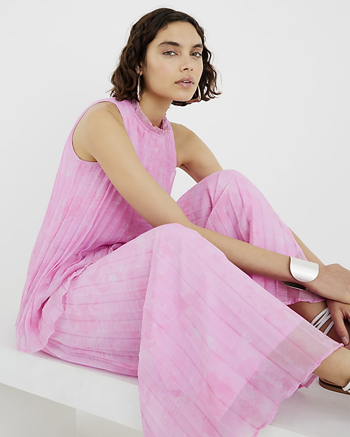 Pink Wide Leg Plisse Trousers