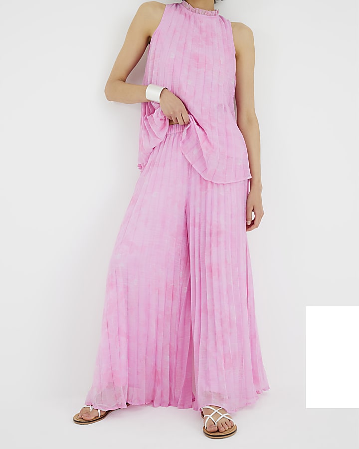 Pink Wide Leg Plisse Trousers