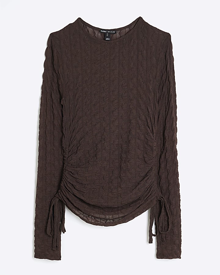 Brown Long Sleeve Zig Zag Mesh Top