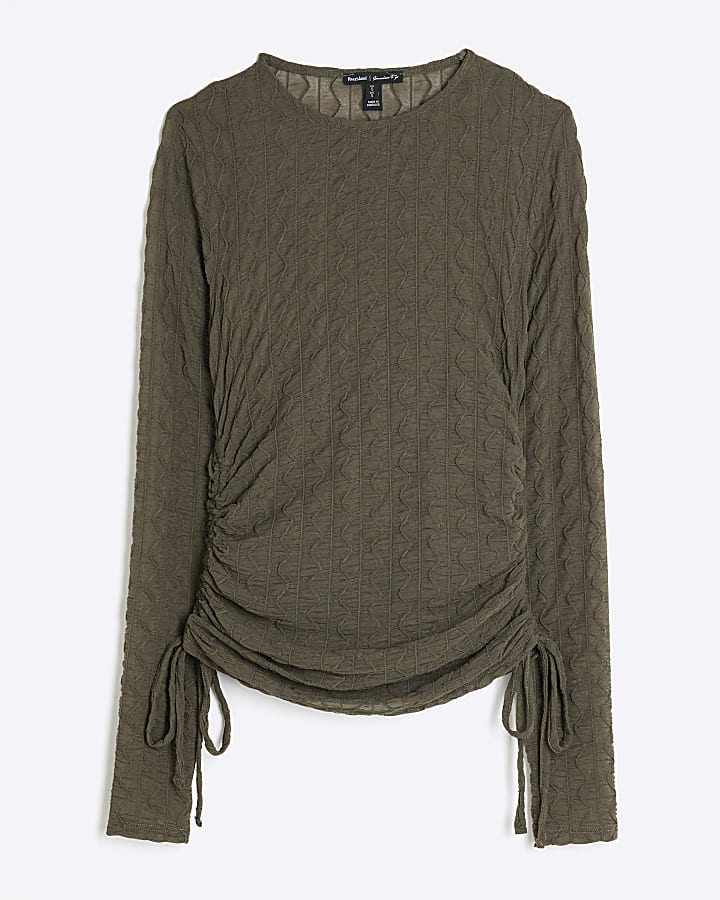 Khaki Long Sleeve Zig Zag Mesh Top