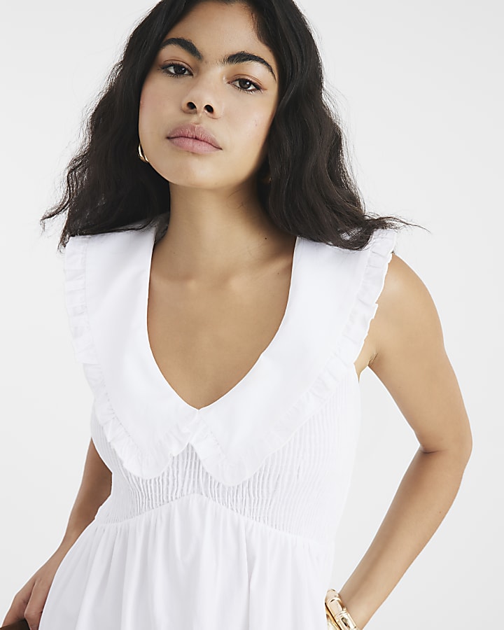 White Ruffle Collar Shirred Maxi Dress