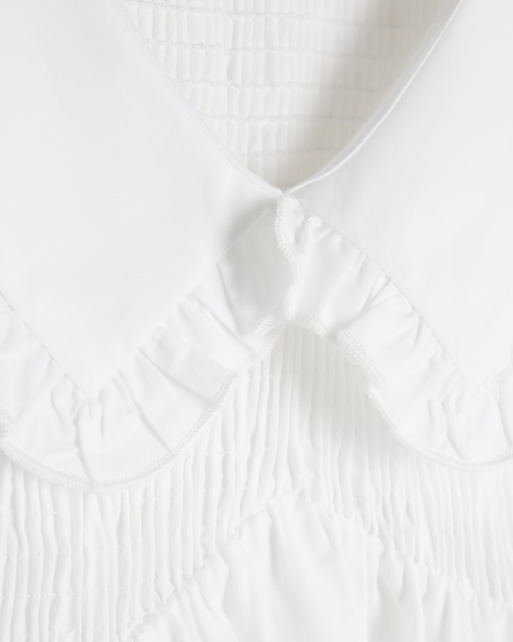 White Ruffle Collar Shirred Maxi Dress