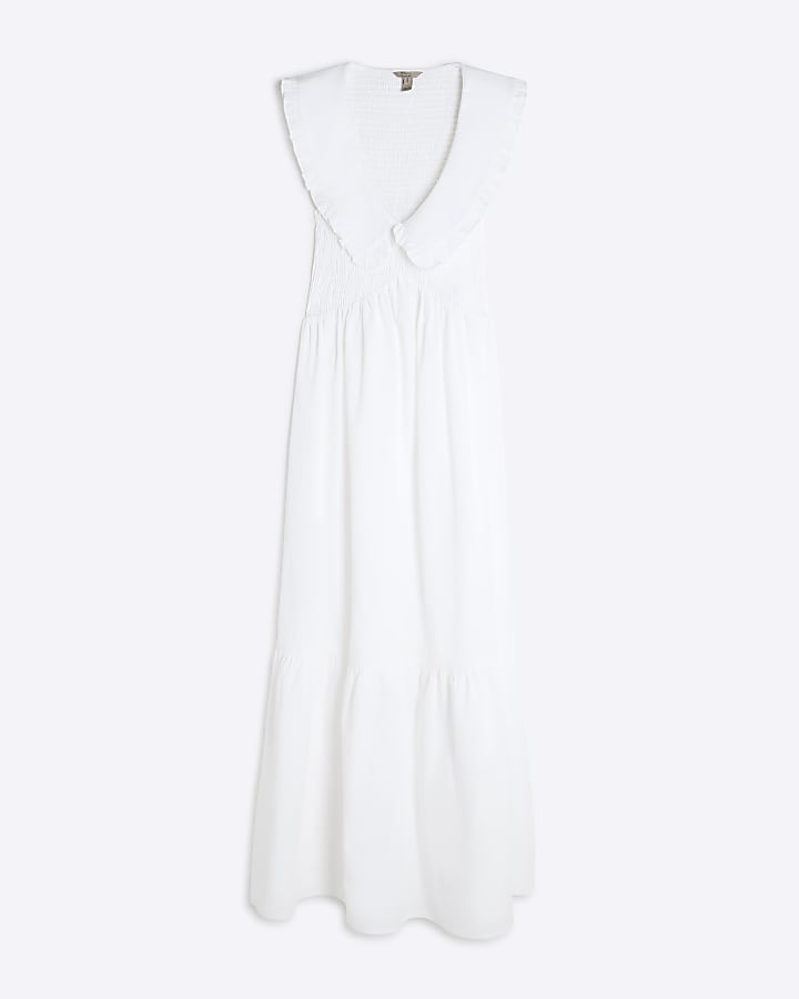 White Ruffle Collar Shirred Maxi Dress