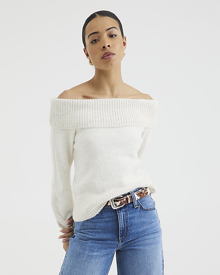 Beige Long Sleeve Bardot Knitted Top