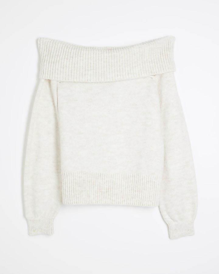 Beige Long Sleeve Bardot Knitted Top