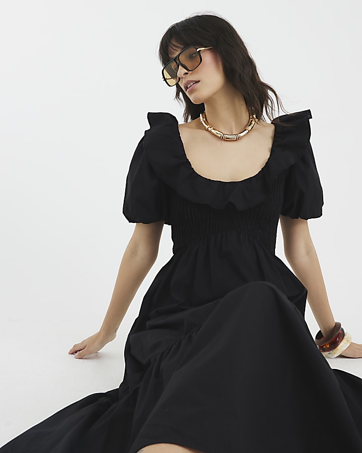 Black V Neck Frill Midi Dress