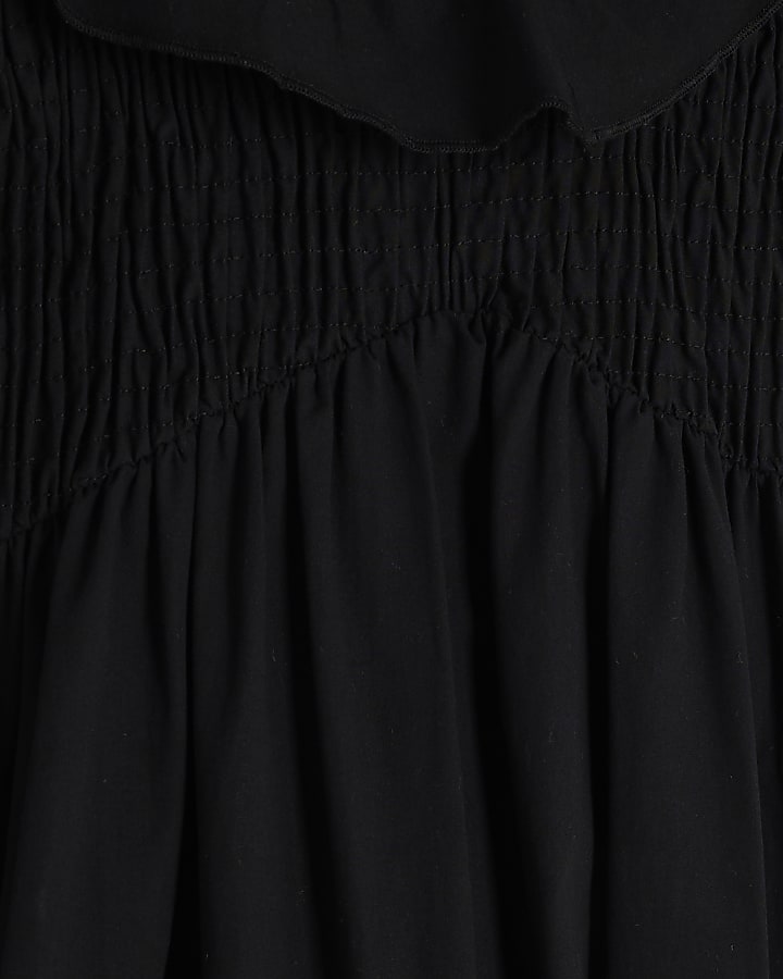 Black V Neck Frill Midi Dress