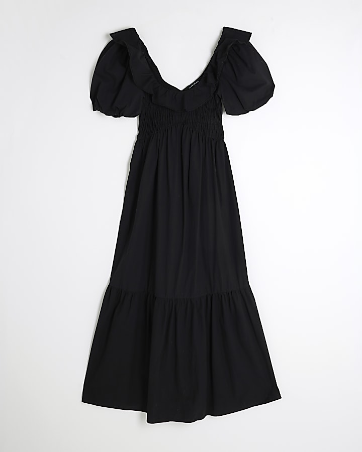 Black V Neck Frill Midi Dress