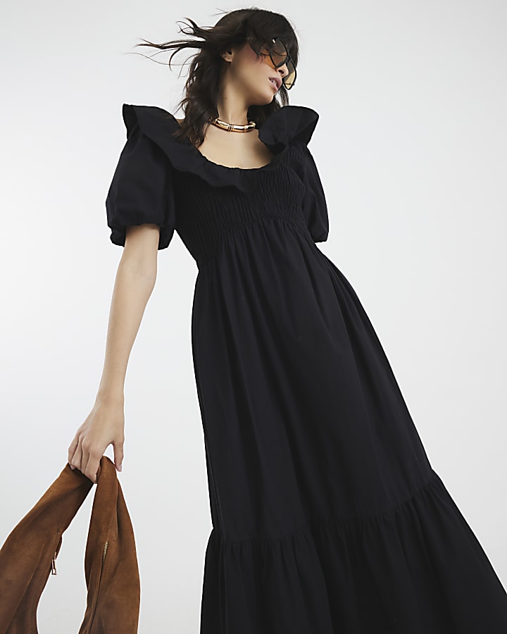 Black V Neck Frill Midi Dress