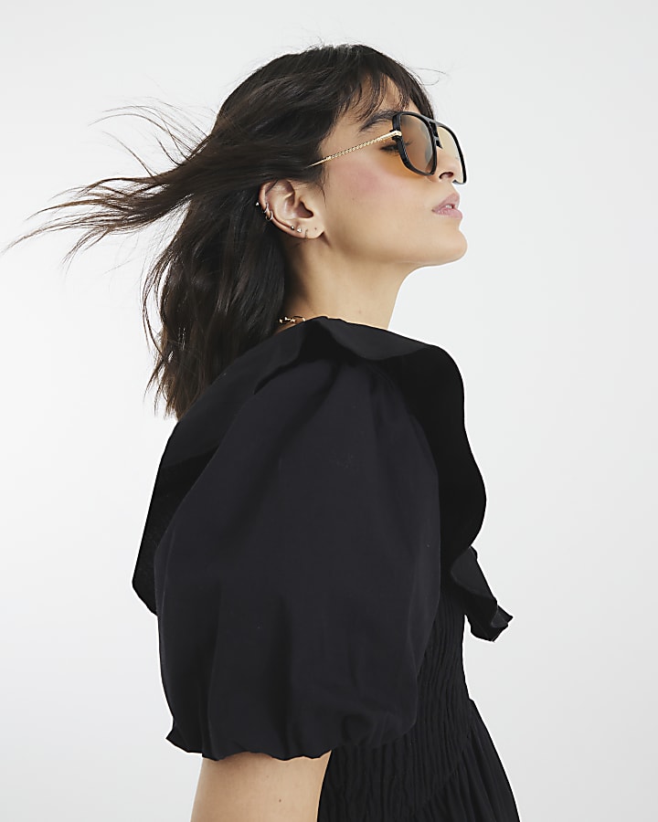 Black V Neck Frill Midi Dress